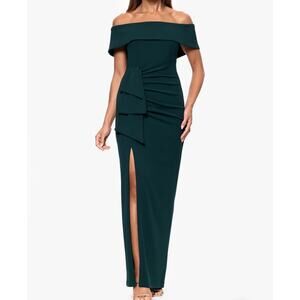 Xscape Off-Shoulder Maxi Dress in Dark Green